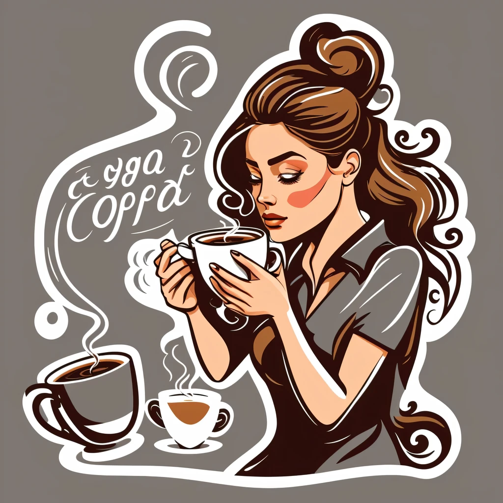 There's a blond woman, perfect body, who's holding a cup of coffee, woman drinking coffee, in illustration style digital, Cartoon style illustration, , portrait of morning coffee, Highly detailed illustration."