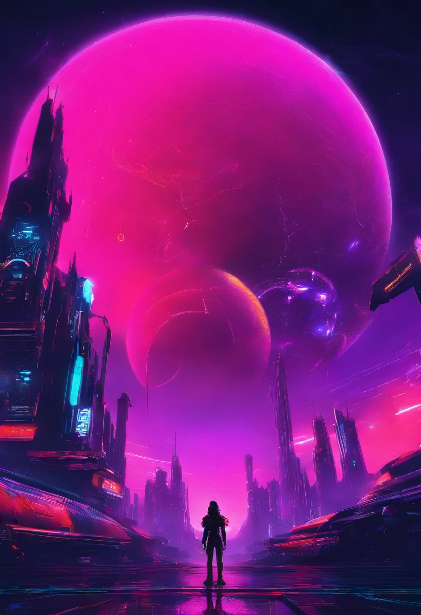 a wide-angle shot of a neon planet with rings, set against a backdrop of stars and nebulae, creating a stunning futuristic space vista