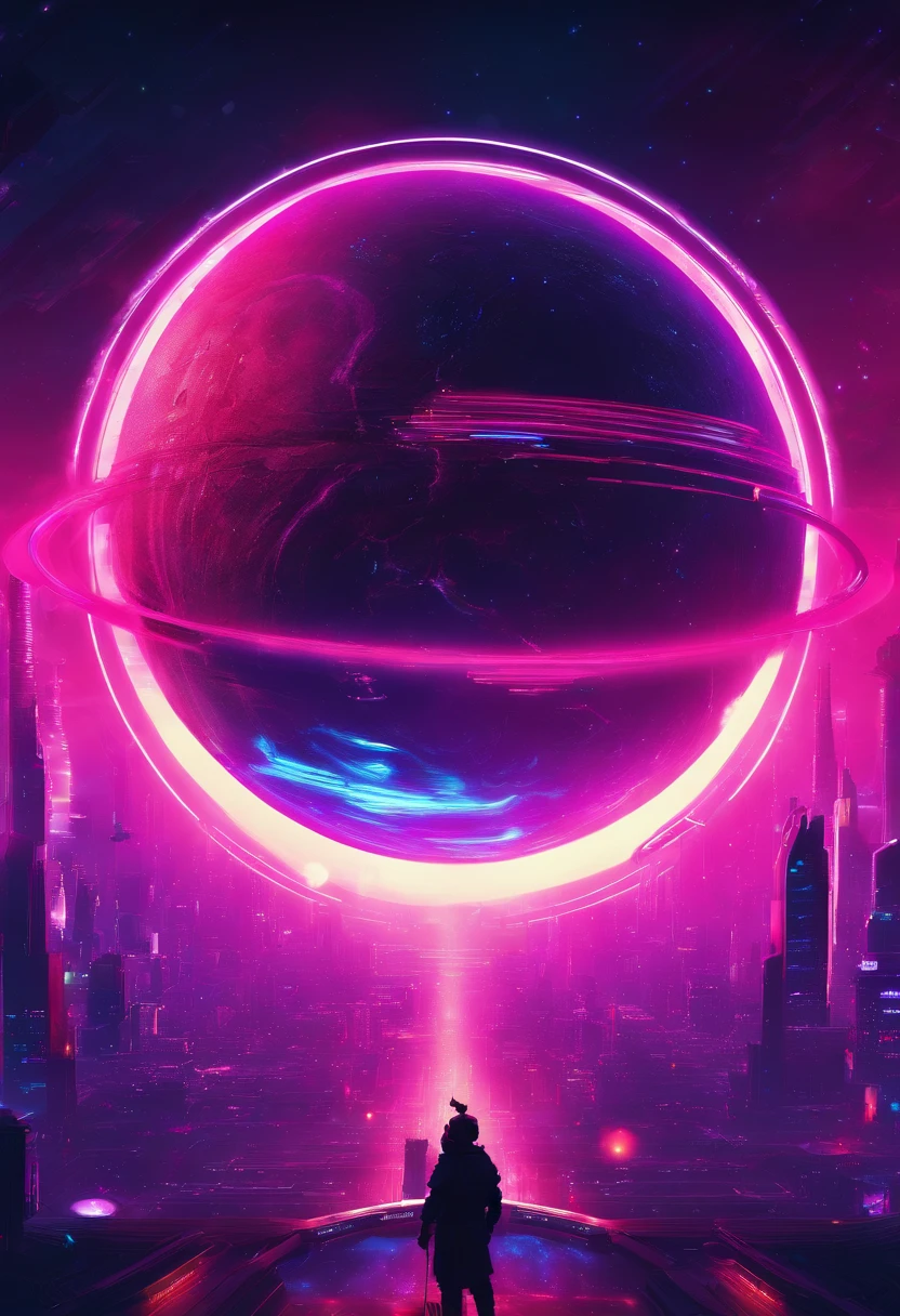 a wide-angle shot of a neon planet with rings, set against a backdrop of stars and nebulae, creating a stunning futuristic space vista