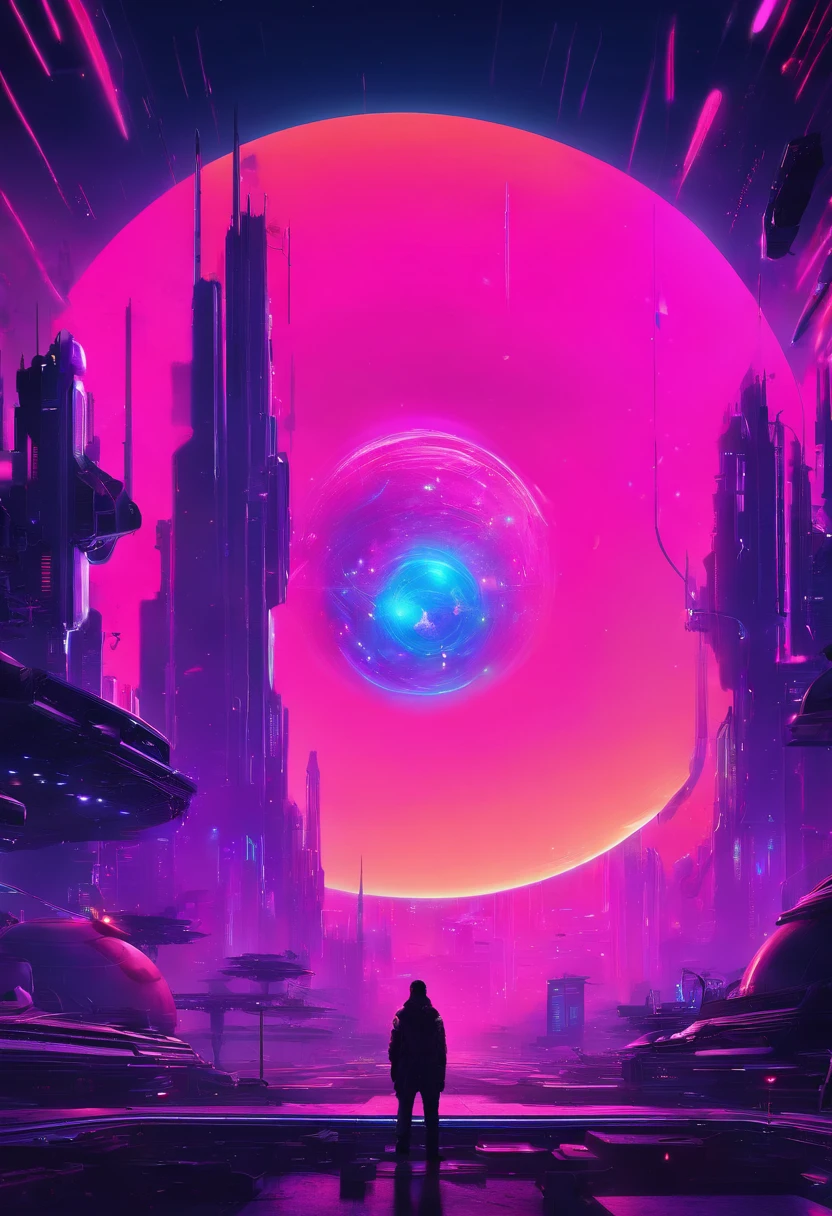 a wide-angle shot of a neon planet with rings, set against a backdrop of stars and nebulae, creating a stunning futuristic space vista