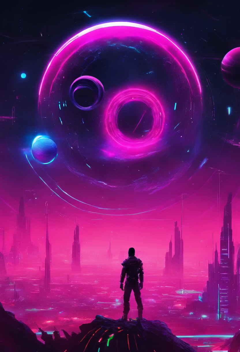 a wide-angle shot of a neon planet with rings, set against a backdrop of stars and nebulae, creating a stunning futuristic space vista
