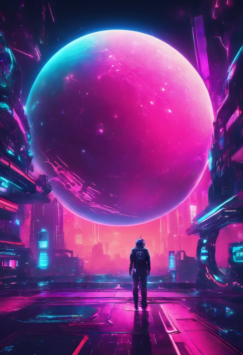 a wide-angle shot of a neon planet with rings, set against a backdrop of stars and nebulae, creating a stunning futuristic space vista