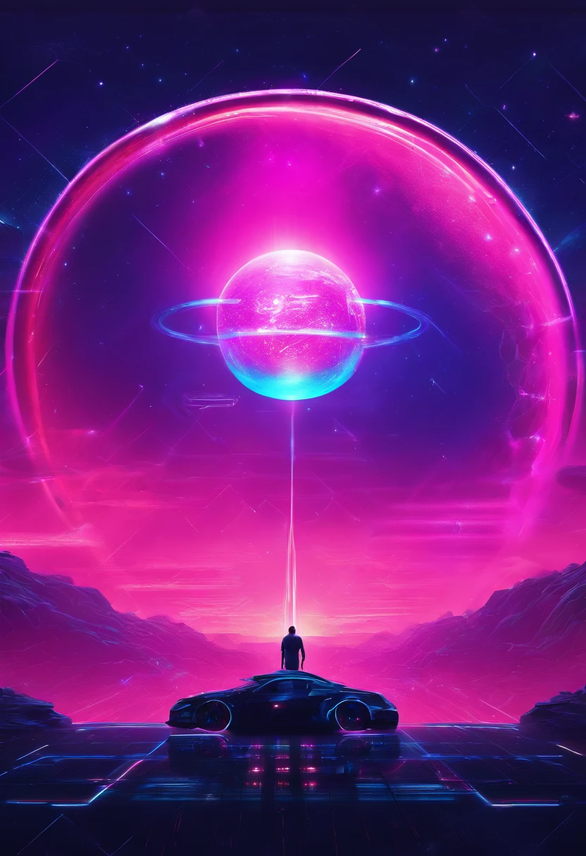 a wide-angle shot of a neon planet with rings, set against a backdrop of stars and nebulae, creating a stunning futuristic space vista