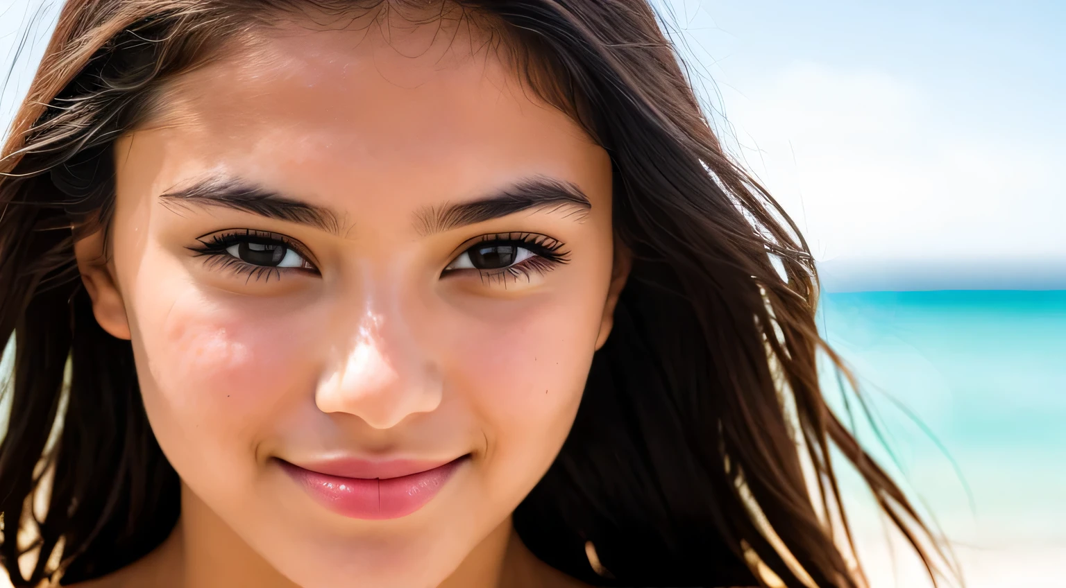Smile, beautiful european model, Tropical Beach, Sunlight, Close-up shot of face only, 1 Girl with a beautiful face, Photographer 1.4), (Full body portrait: 1.4),Raw UHD Portrait Photography, background at room , Detailed (Texture!, hair!, shine, Color!!, defect: 1.1), highly Detailed glowing eyes, (looking in camera), Specular Light, Digital SLR, Extreme quality, sharp focus, sharp, degrees of freedom, Film grain, (Centered), FUJI XT3, Crystal clear, center of frame, Beautiful face, sharp focus, Bokeh, lowkey, intricate eye details