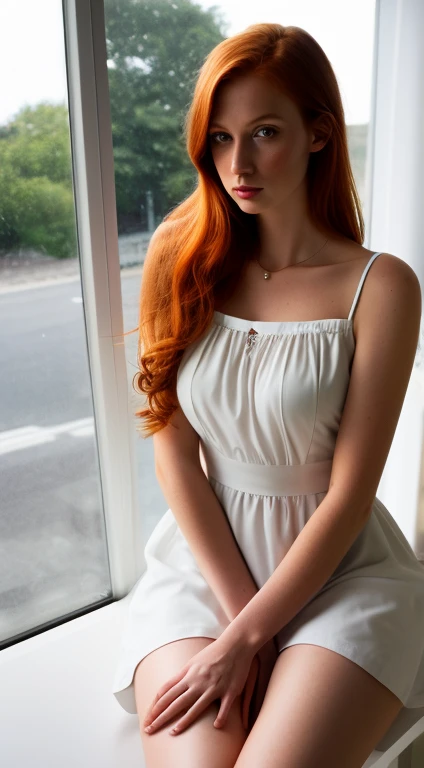 1girl in, age19, Solo, Aesthetic artwork, irish  redhead, wavy ginger hair, shoulder length ginger hair, gray eyes, natural grey eyes, some small freckles, pale skin, (B-cup, medium breasts), runners body, fullbody shot, (textured skin, skin pores:1.1), (moles:0.8), imperfect skin, goosebumps, sitting down having coffee, drinking coffee, (extremely detailed 8k wallpaper), soft lighting, high quality, film grain, Fujifilm XT3 sharp focus, f 5.6, 50mm, High Detail, Sharp focus,(natural light), in a white colored dress. A white sundress, floral pattern sundress, crazy details, complex details, hyperdetailed