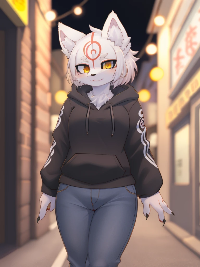 Amaterasu \(Great God\), femele, Alone, yellow eyes, Black sclera, There are claws,  a skirt, in a black hoodie, denim pant, put on label, White fur, the street, toyko, neonlight, (high detal, Film photography, soft focus, raw, tmasterpiece, Best quality, Surreal, 8K)cute big breastigchest，Sister，shaggy