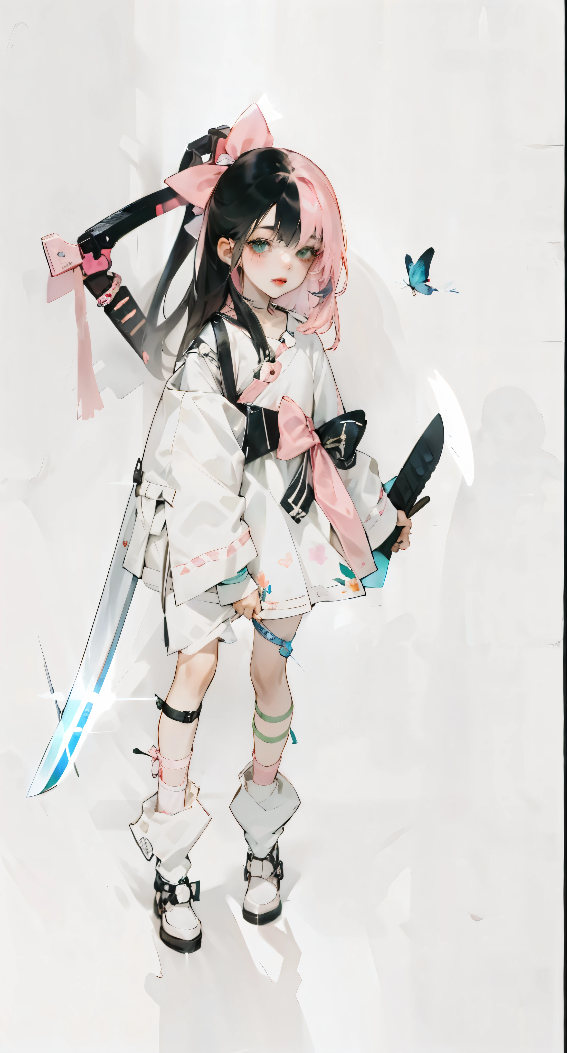 ((Best quality)), ((tmasterpiece)), , It's a perfect face((femele)),Girls with pink hair and black hair,Hair fluttering,delicated face, beautidful eyes, Mottled light and shadow,,Cute action,white backgrounid, reference sheet, Standing Picture,Three View,,There is a scissor weapon behind the back,holding black knife,Standing Picture