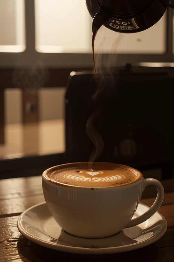 there is a cup of coffee on a saucer on a table, hot coffee, morning coffee, steaming coffee, cappuccino, coffee machine, masterpiece, cinematic lighting, photo-realistic, super detail, depth of field. eye level shot