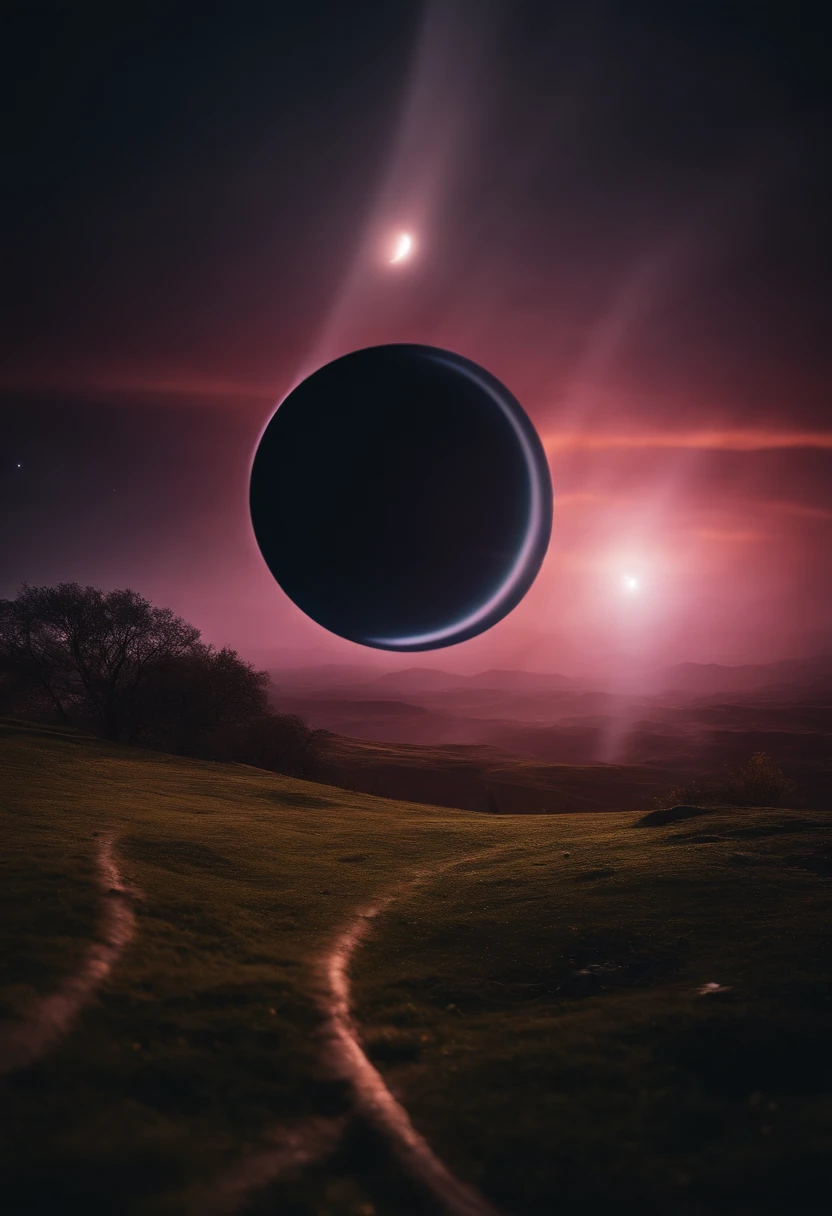 a high-resolution shot of the neon planet and its rings during a celestial event, such as a meteor shower or solar eclipse, creating a dramatic and captivating scene