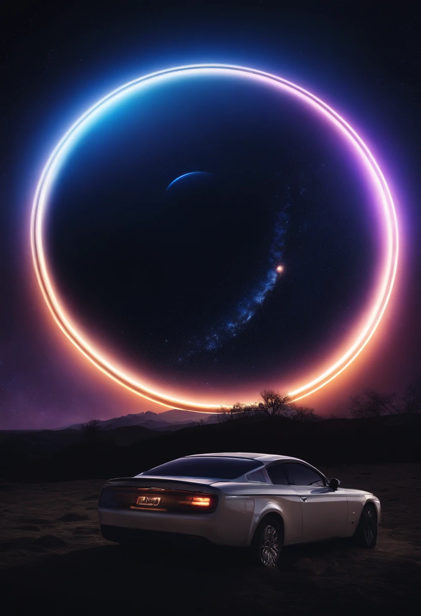 a high-resolution shot of the neon planet and its rings during a celestial event, such as a meteor shower or solar eclipse, creating a dramatic and captivating scene