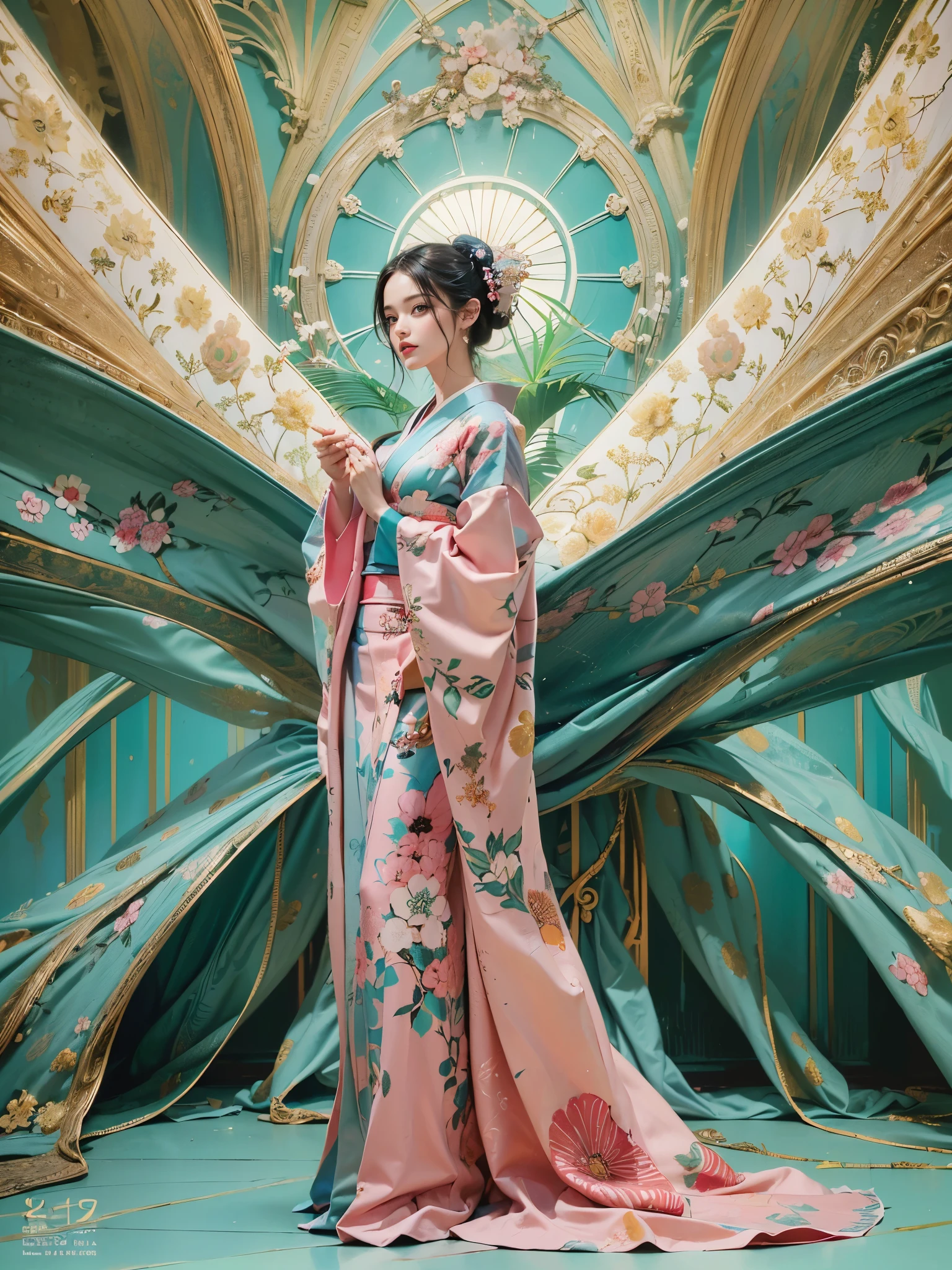 (best quality color photo of a mysterious beautiful woman in kimono on a fashion magazine cover, haute couture fashion shoot:1.2),(An extremely delicate and beautiful work:1.2), elegant pose, glamorous fashion pose, art nouveau, (she is the embodiment of beauty and allure, elegant and sophisticated fashion,) detailed face, looking at viewer, detailed eyes, black eyes, lustrous lips , Gentle and enigmatic expression, High color saturation, surrealism , (best quality, masterpiece, ultra detailed, ultra high res, photorealistic, raw photo, absurdres, absolutely resolution:1.4),the divine light, with neon lights, grand background, starryskybackground, simple background,