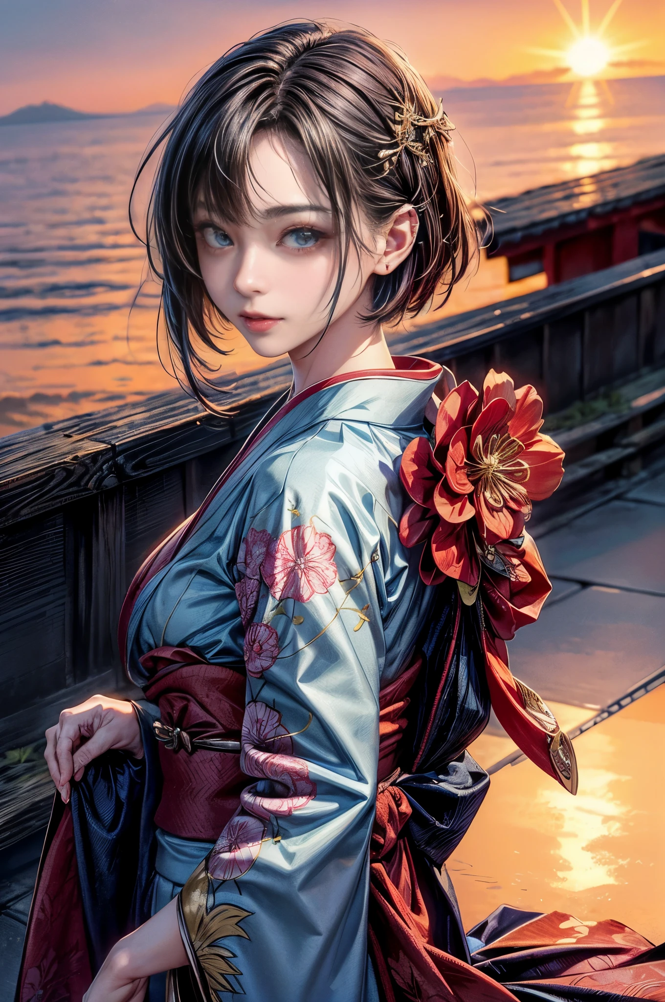 Cinematic lighting、16k picture quality、highlydetailed skin、masutepiece,1girl in, Solo、Best Quality,cyberpunked,(1beautiful woman、Detailed beautiful facial features:1.3)(Red color medium bob hair、Long bangs:1.3)(well-shaped breasts:1.3)Blue eyes that are about to leak, Beautiful and glamorous Japanese kimono、Shoulders exposed、Japanese kimono beauty、KIMONO、（A smile、facing back:1.3）first sunrise in japan（Watch the first sunrise of the year at a fantastic location in Japan:1.2）（rays of sunshine、sea of clouds:1.2）
