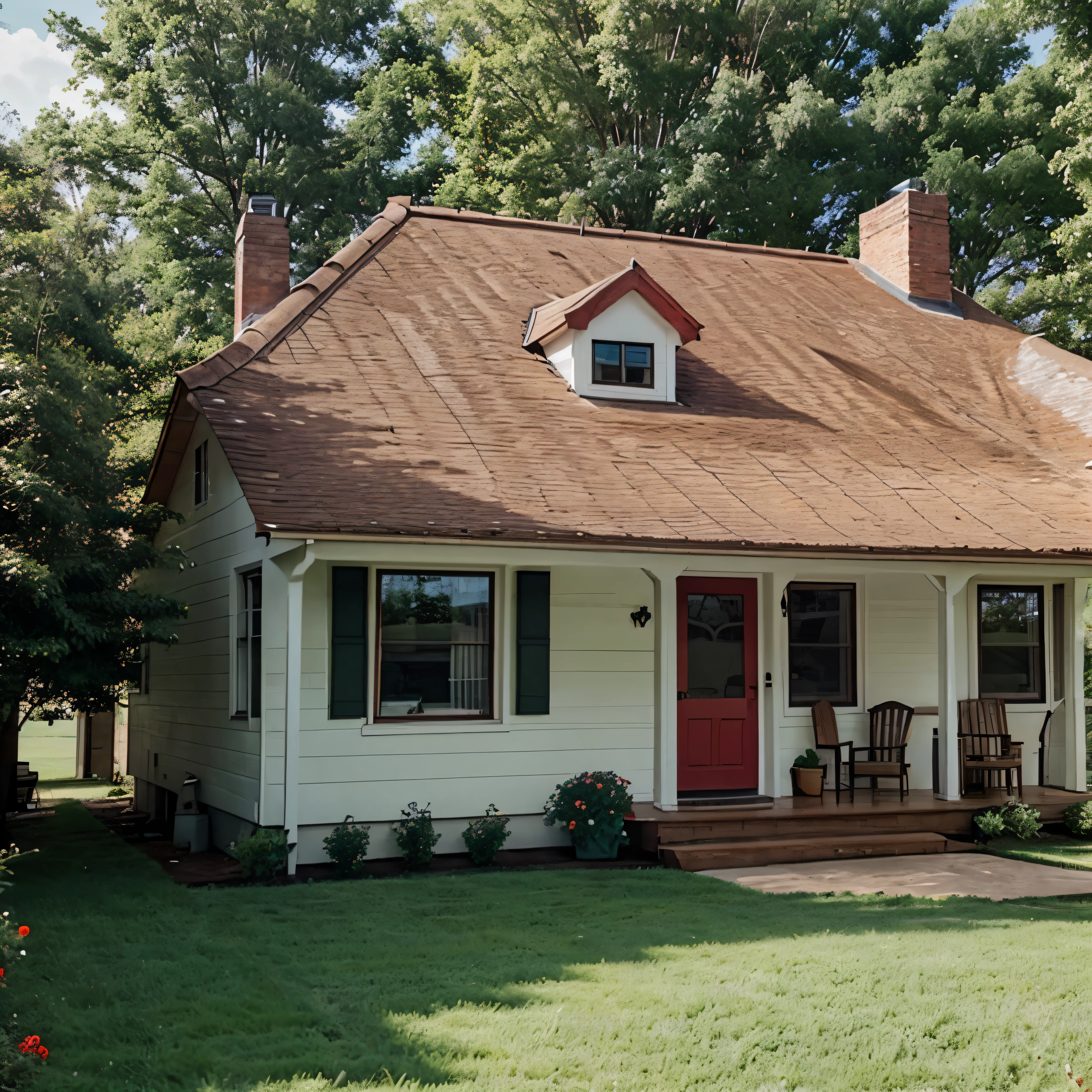 2000 small American house with red roof in a green field