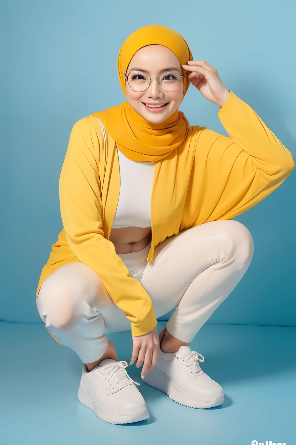 Sexy Malay woman naked and squat in front of a yellow and light blue background, squatting, white sneakers, laughing, glasses, hijab, medium breast, slim, small abs, wide waist,