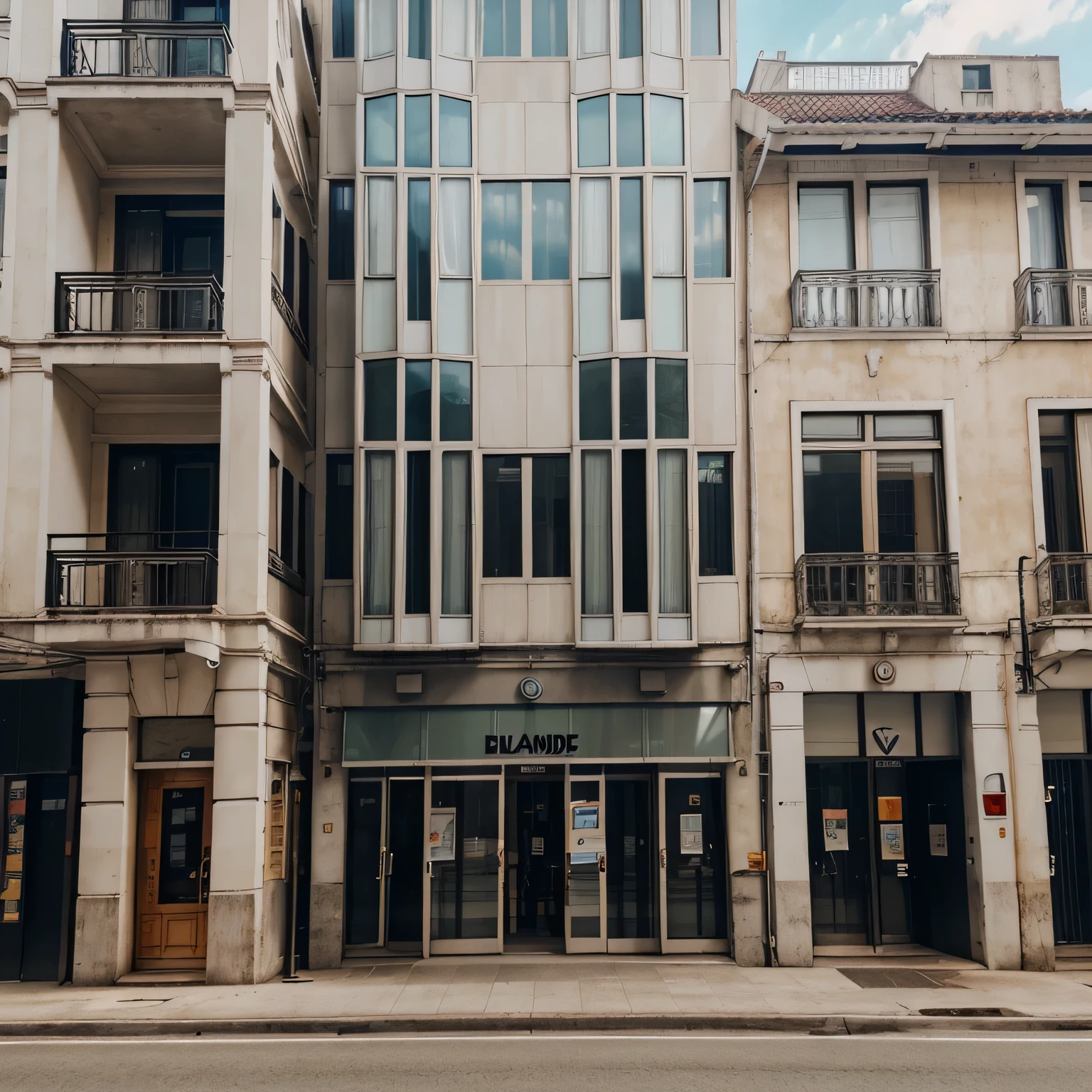 Realistic building facade, bem quadrado, Clearly visible features, flat frame in front of the building,No distortion is made to the image.