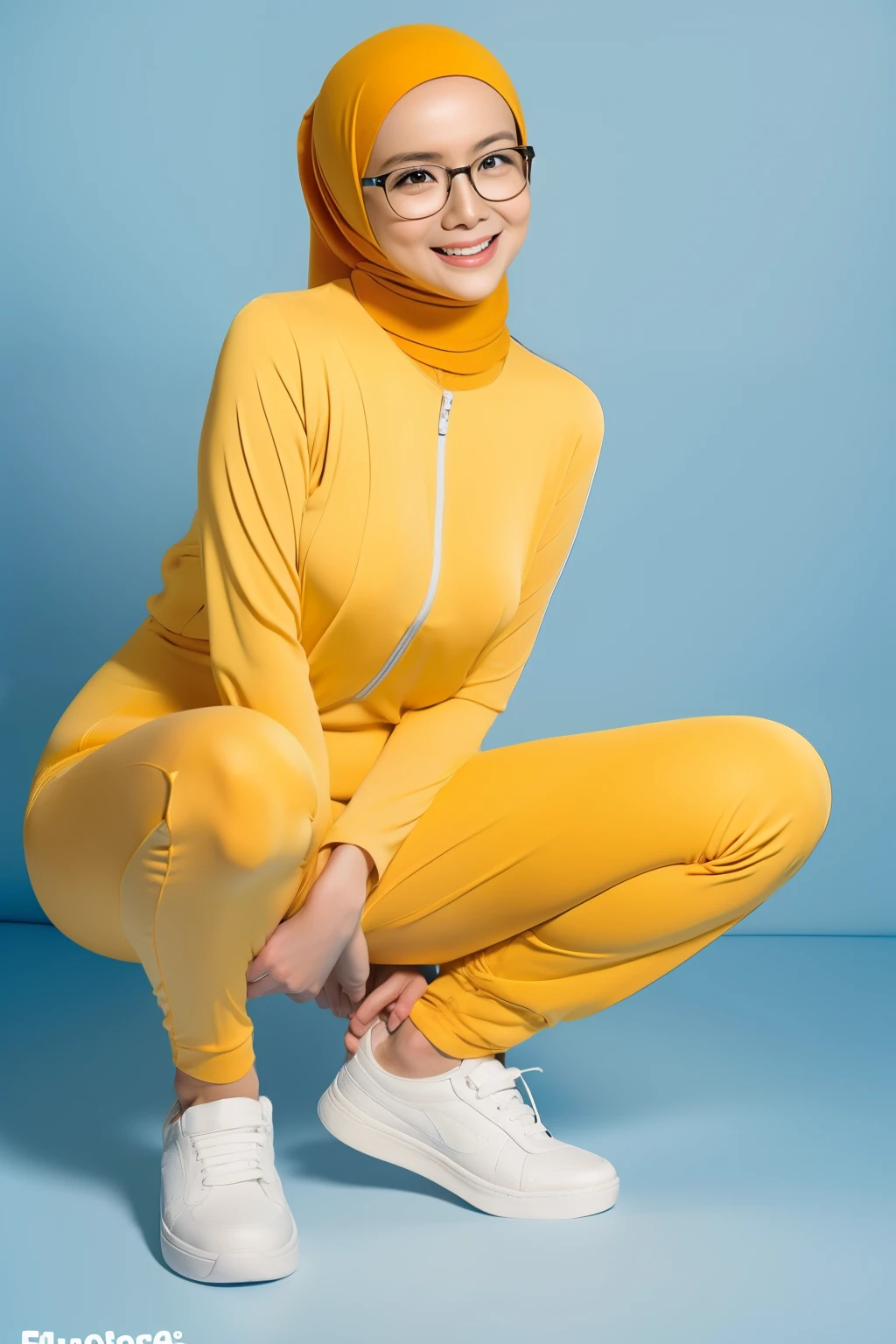 Sexy Malay woman naked and squat in front of a yellow and light blue background, squatting, white sneakers, laughing, glasses, hijab, medium breast, slim, small abs, wide waist,