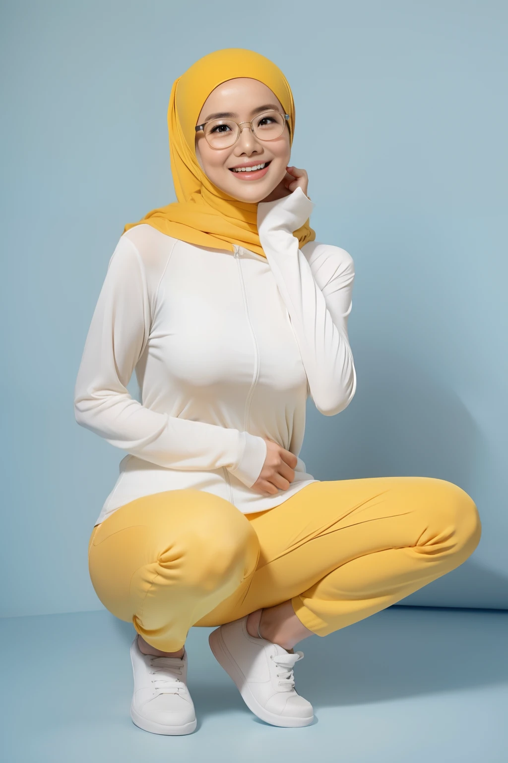 Sexy Malay woman naked and squat in front of a yellow and light blue background, squatting, white sneakers, laughing, hijab, huge breast, slim hips, small abs, wide waist,