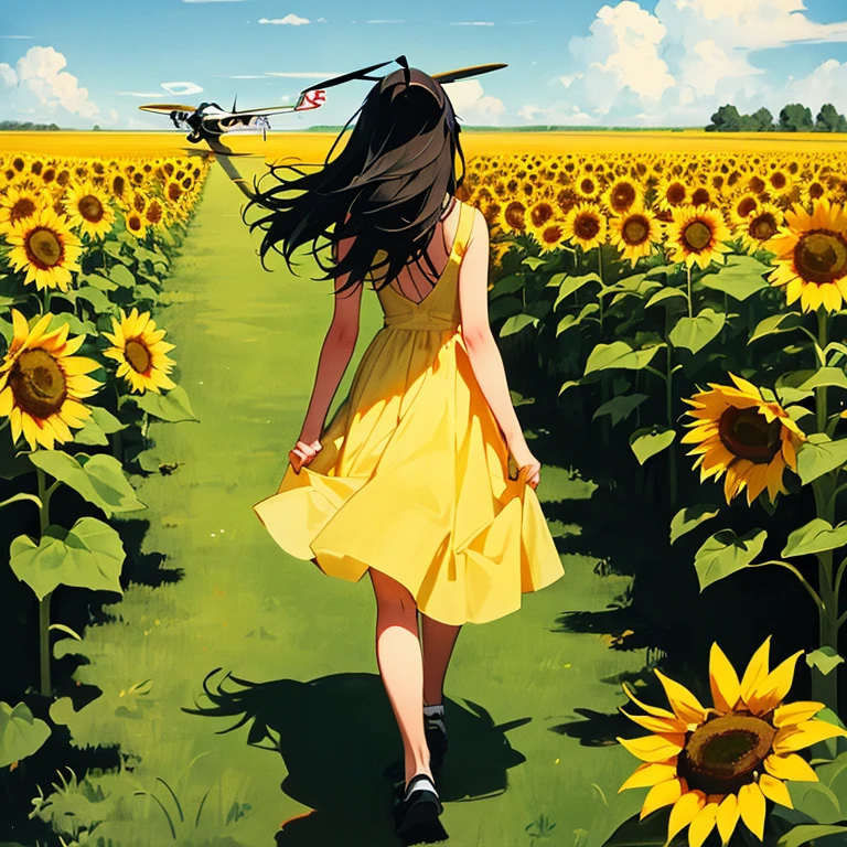 A masterpiece image of a girl in an open field, walking and one airplane (((P-51 Mustang))) passing over her head, 1944, sunflower field, view from below and from her back