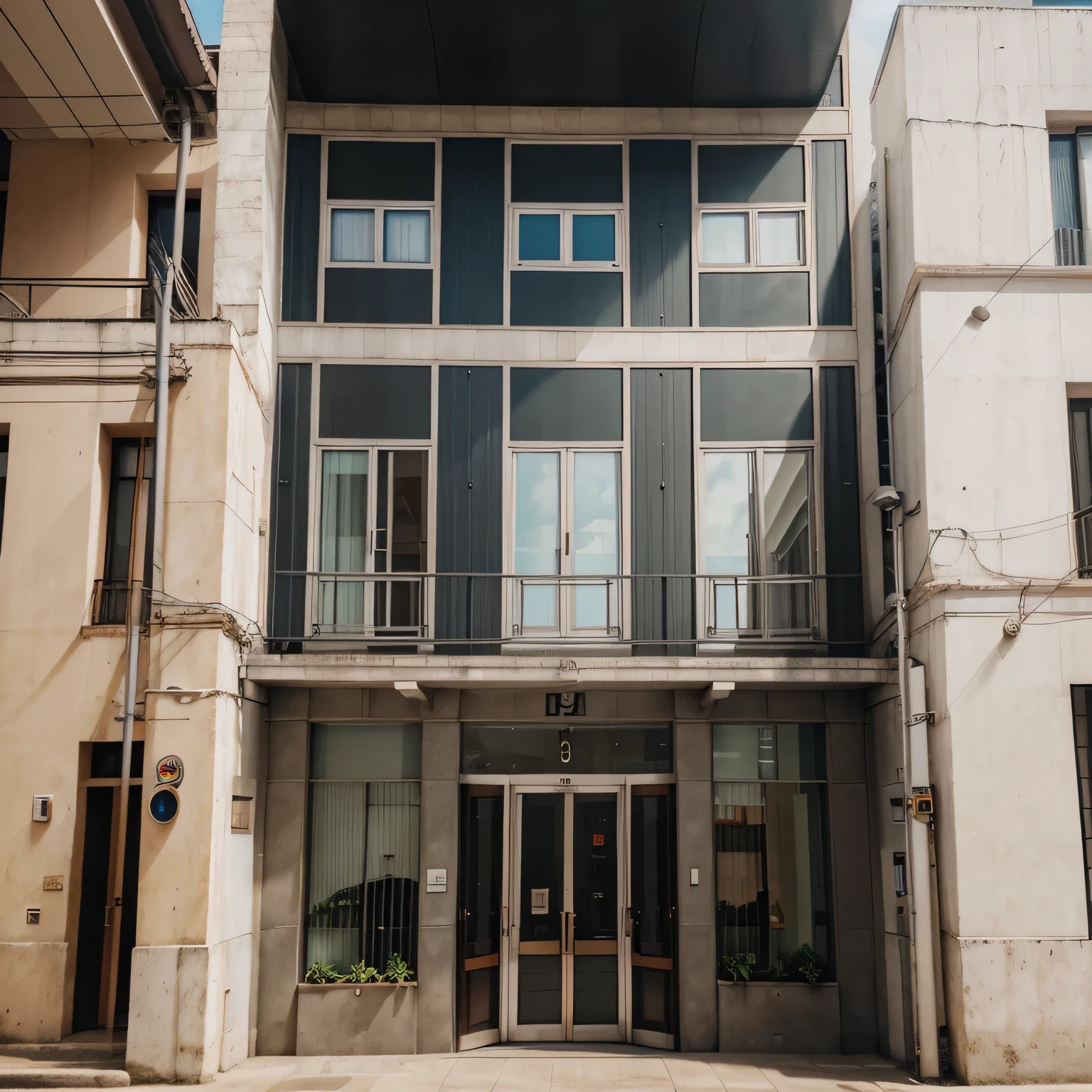 Realistic building facade, bem quadrado, Clearly visible features, flat frame in front of the building,No distortion is made to the image.