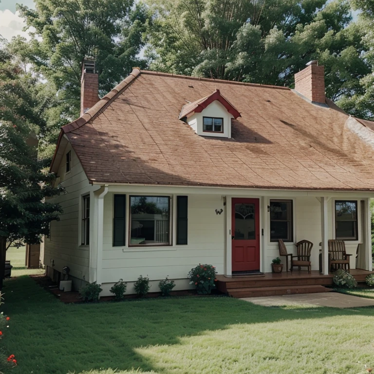 2000 small American house with red roof in a green field