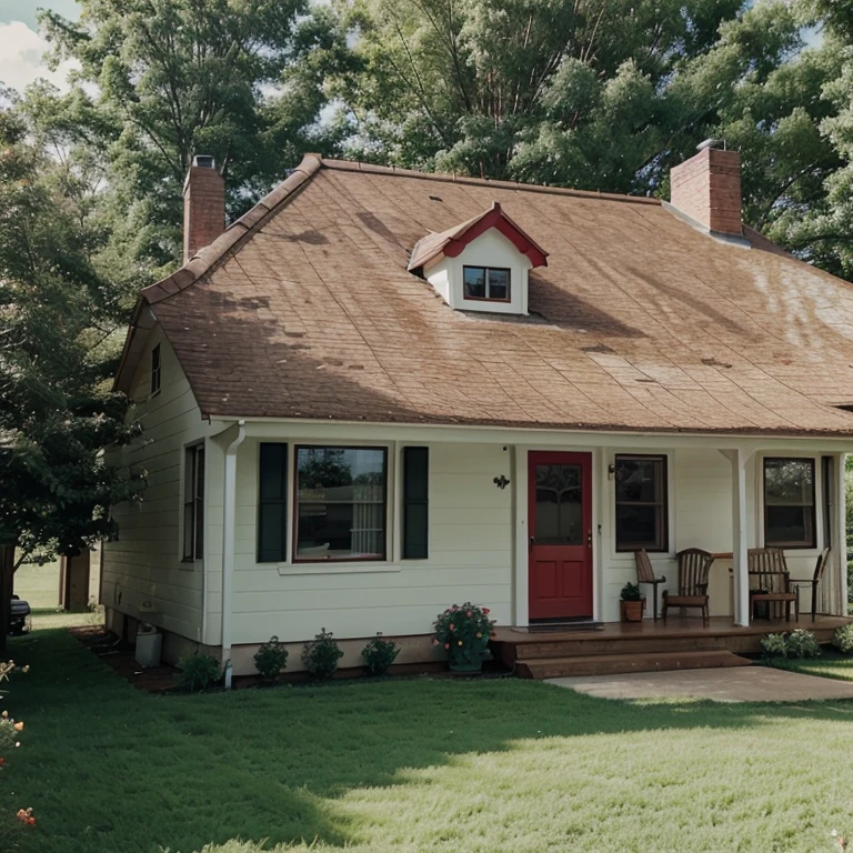 2000 small American house with red roof in a green field