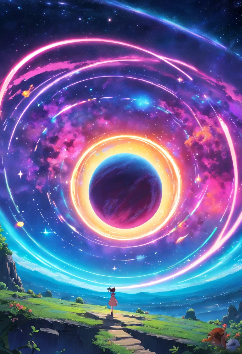 a wide-angle shot of a neon planet with rings, set against a backdrop of stars and nebulae, creating a stunning futuristic space vista