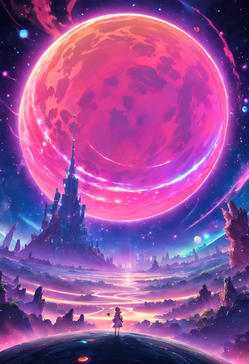 a wide-angle shot of a neon planet with rings, set against a backdrop of stars and nebulae, creating a stunning futuristic space vista