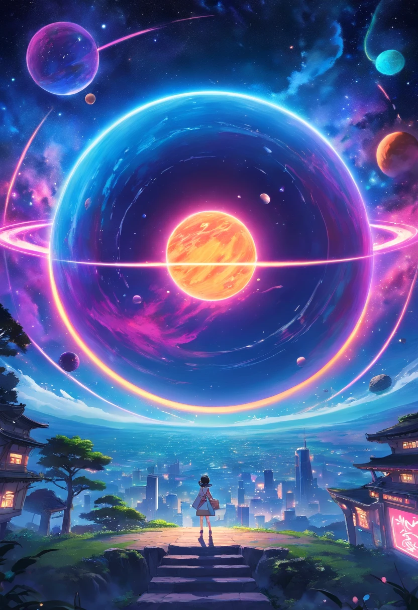 a wide-angle shot of a neon planet with rings, set against a backdrop of stars and nebulae, creating a stunning futuristic space vista