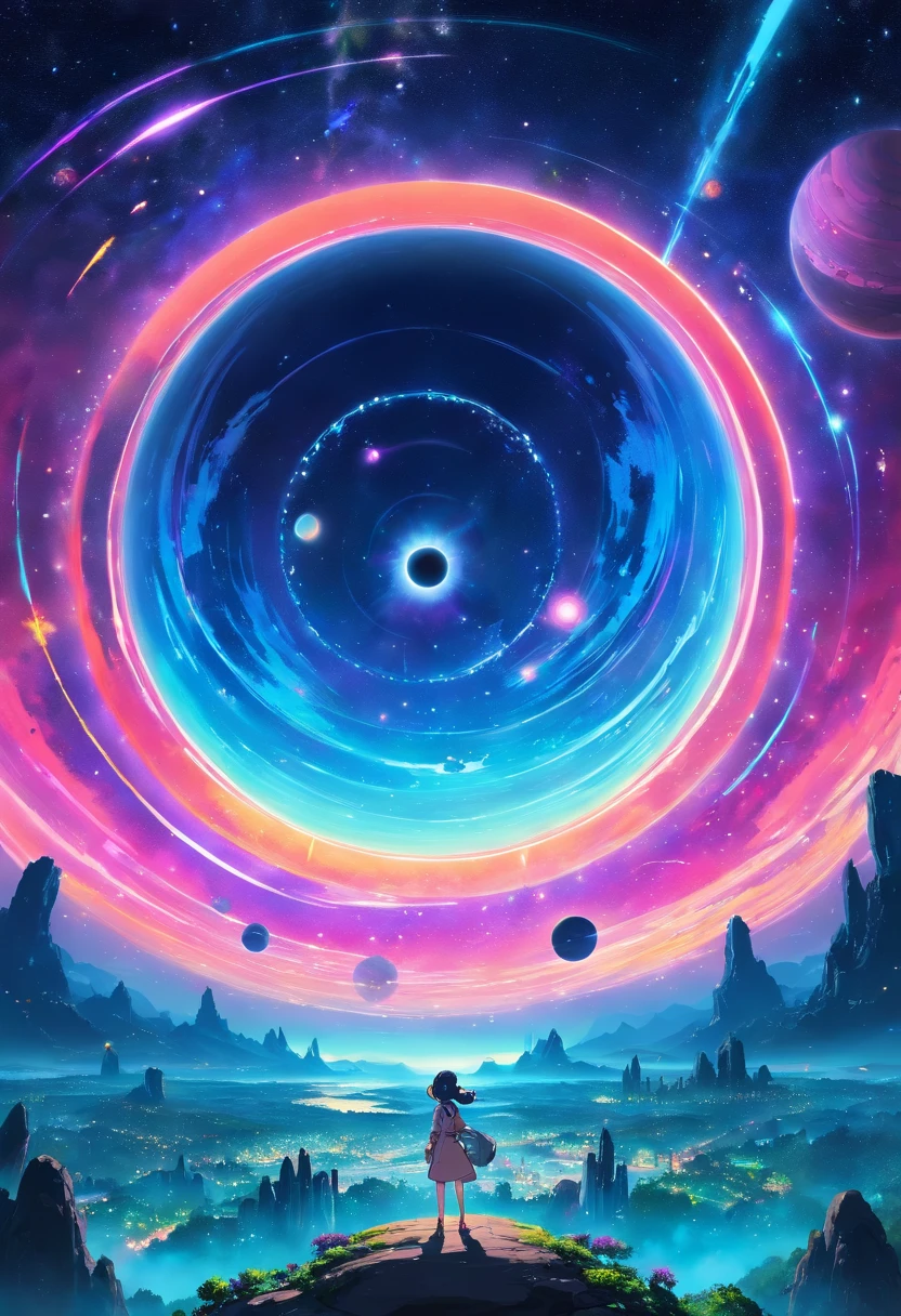 a wide-angle shot of a neon planet with rings, set against a backdrop of stars and nebulae, creating a stunning futuristic space vista