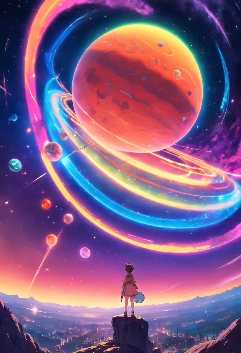 a wide-angle shot of a neon planet with rings, set against a backdrop of stars and nebulae, creating a stunning futuristic space vista