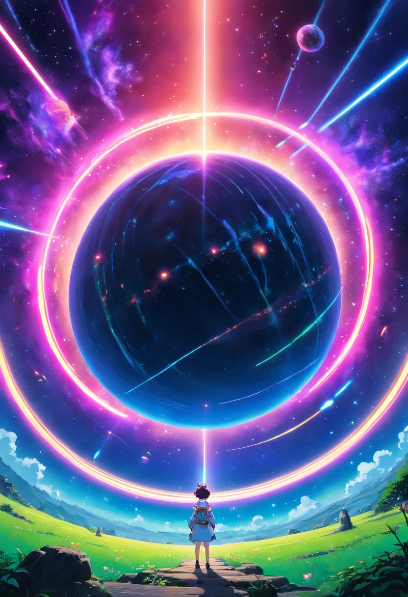 a wide-angle shot of a neon planet with rings, set against a backdrop of stars and nebulae, creating a stunning futuristic space vista