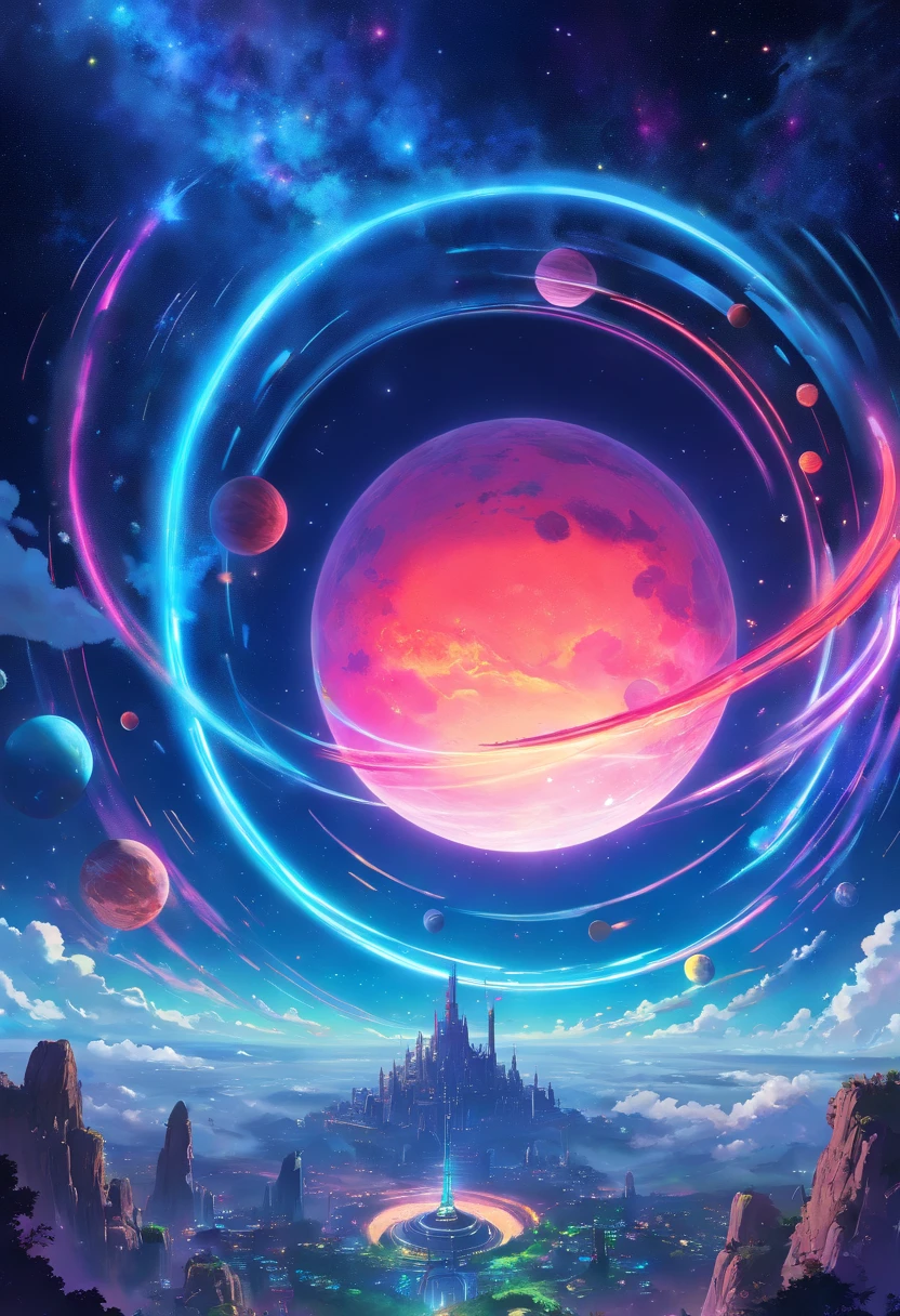 a wide-angle shot of a neon planet with rings, set against a backdrop of stars and nebulae, creating a stunning futuristic space vista