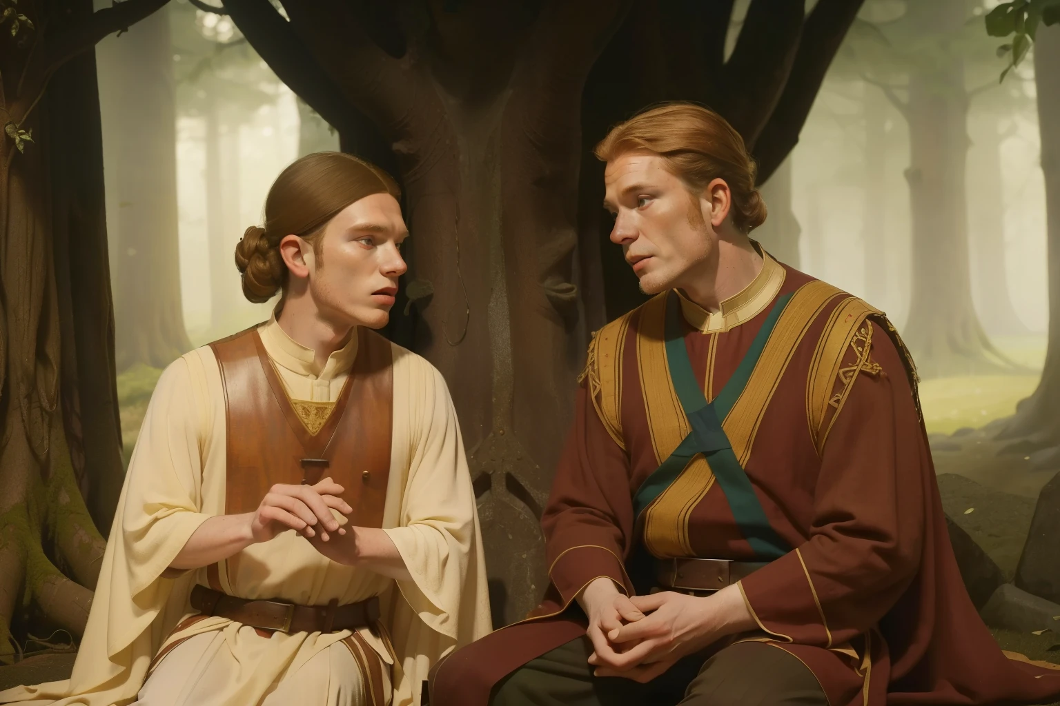 1170, Kingsbridge, England. Otherworldly scene in a medieval forest, ((((46-year-old)) Cameron Monaghan)), wrinkles, ((worried expression)), talking to a younger man, ((((tunic from the 12th century)))), ((Hairstyle of the 12th century)), ((Wes Anderson cinematic style)), colorful