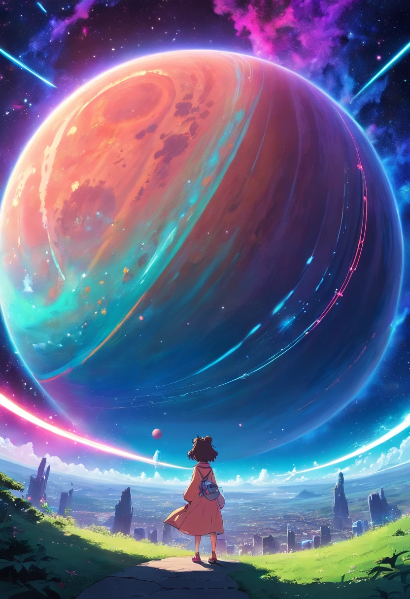 a wide-angle shot of a neon planet with rings, set against a backdrop of stars and nebulae, creating a stunning futuristic space vista