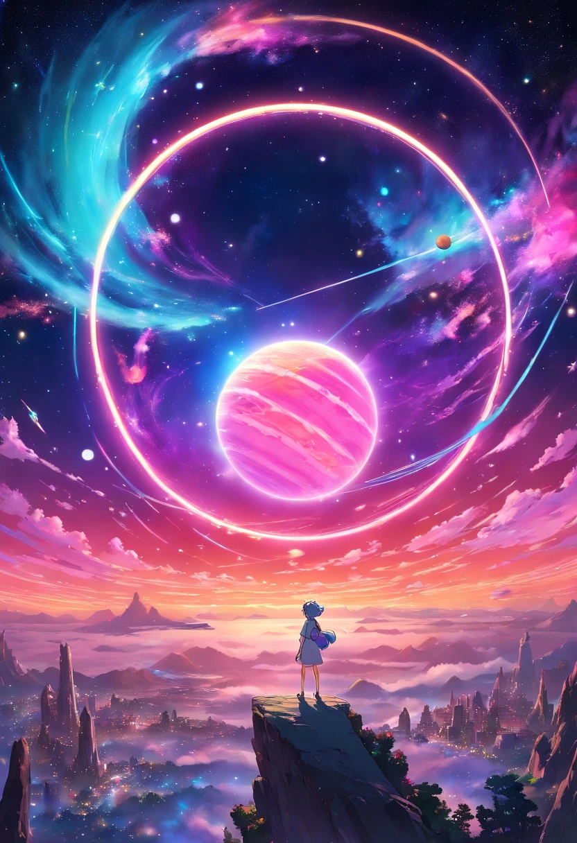 a wide-angle shot of a neon planet with rings, set against a backdrop of stars and nebulae, creating a stunning futuristic space vista