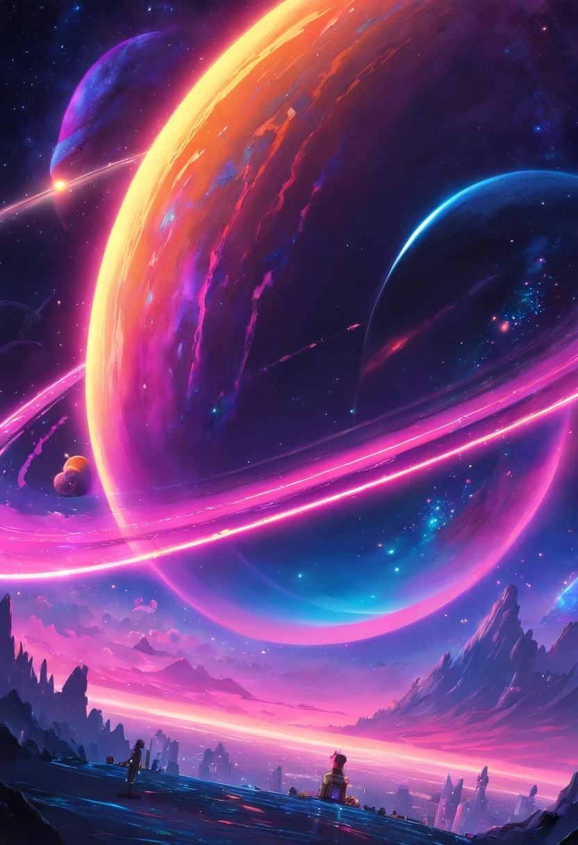 a wide-angle shot of a neon planet with rings, set against a backdrop of stars and nebulae, creating a stunning futuristic space vista