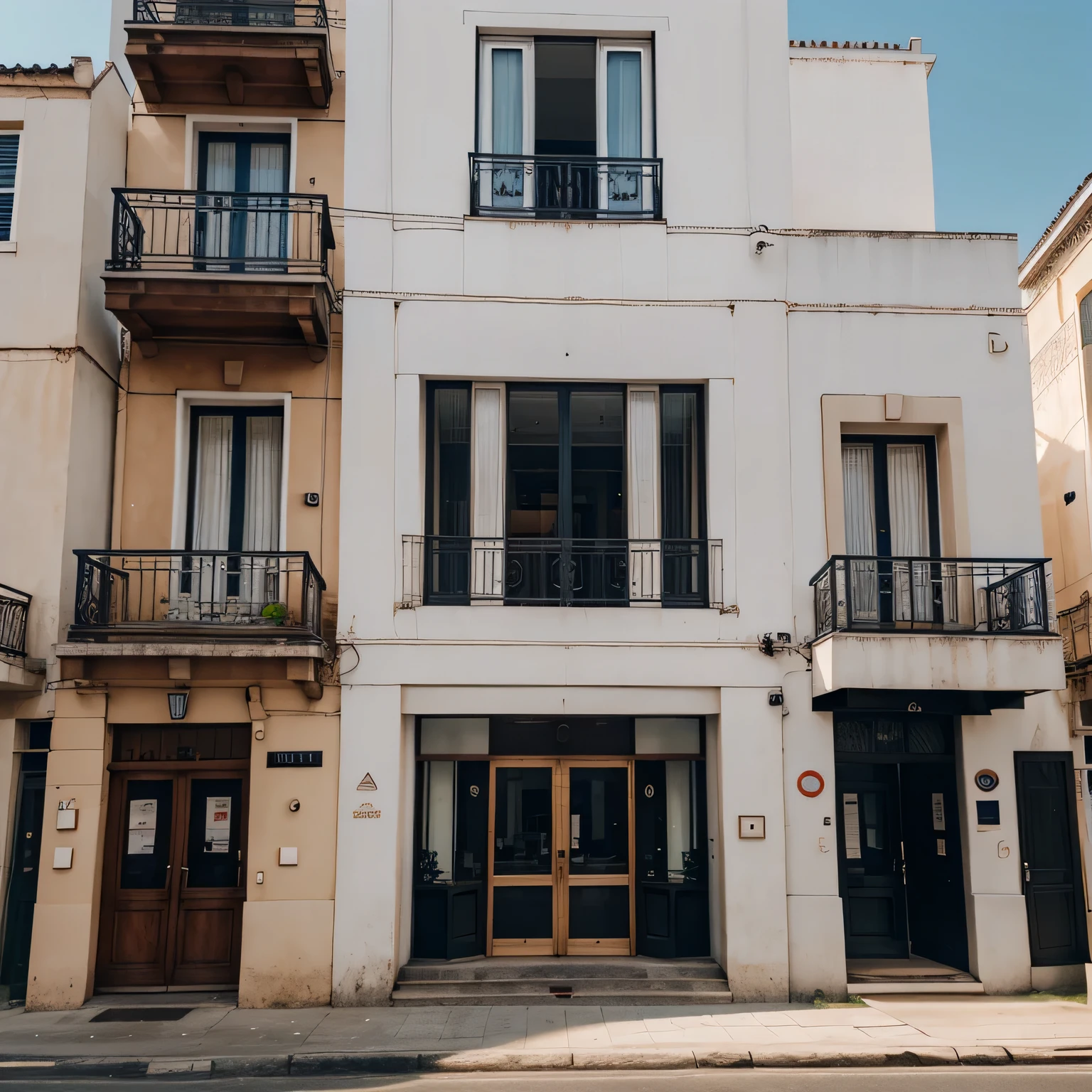 Realistic building facade, bem quadrado, Clearly visible features, flat frame in front of the building,No distortion is made to the image.
