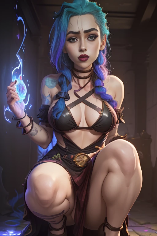 Jinx, lol, happy, naked, vagina, nude, pussy, looking at the viewer, moist body, big explosion in the background, sensuality in the body, medium chest, purple iris, provocative