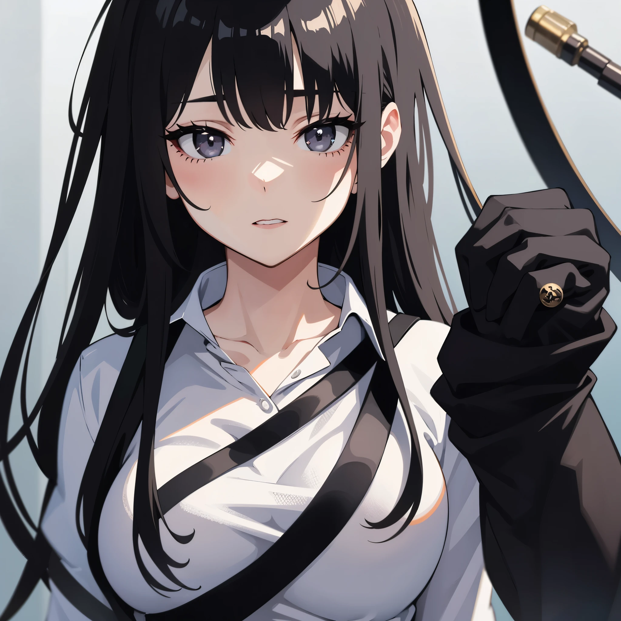 her face shows disgust , big sister, Black Eyes, black hair, manga, black and white,
