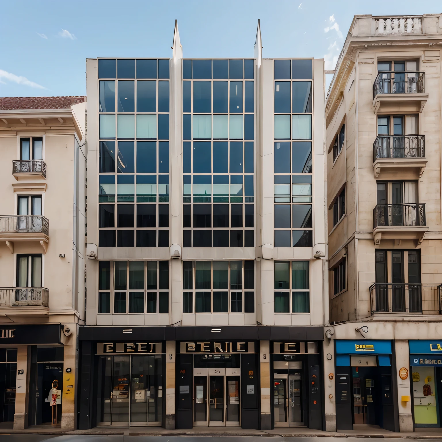 Realistic building facade, bem quadrado, Clearly visible features, flat frame in front of the building,No distortion is made to the image.