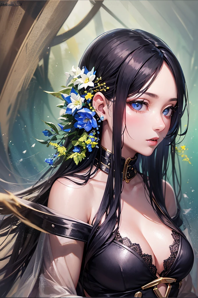animesque、Clear, Moisturizing sea green eyes、Beautiful woman like a fashion model、a closeup、portlate、Beautiful, Beautiful black hair without hair ornaments, hight resolution, top-quality, masterpiece, 8k wallpaper、 One Person、Beautiful skin、17age、