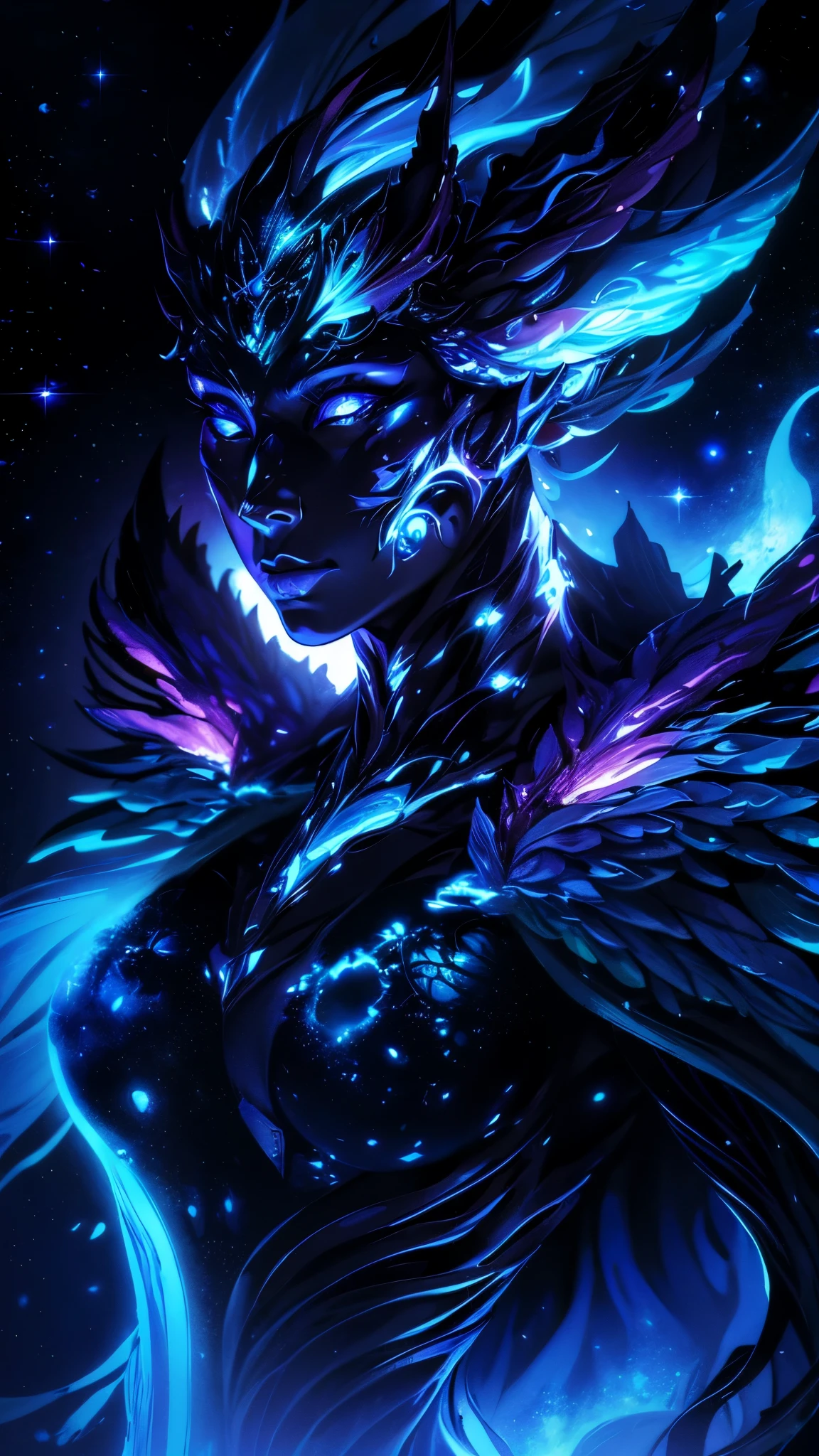 "cosmic entity": um ser com quatro olhos brilhantes, multiple arms, A breathtaking view from space reveals a twisted galaxy filled with strange life forms and entities that humans understand. Planet with night sky, fenda, leviathan, 8k, lindo, dramatic scene, buraco negro, void, woman, female