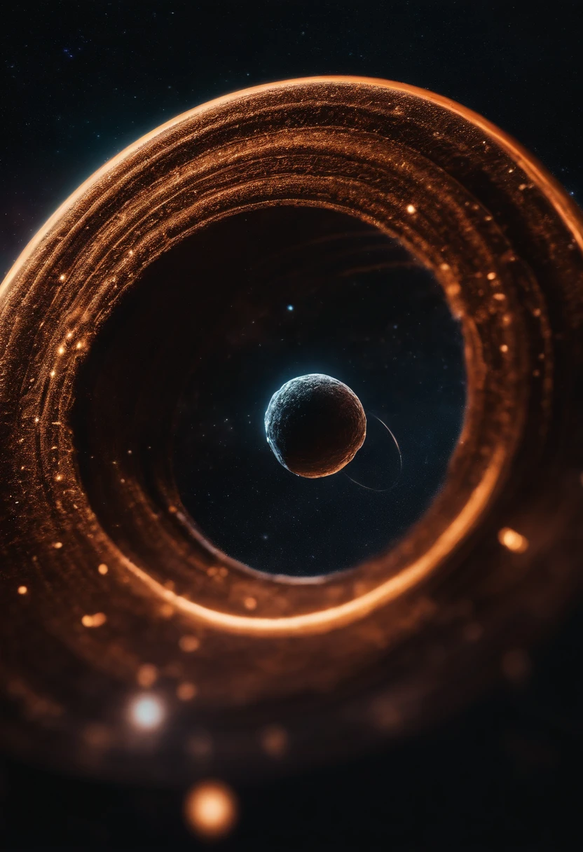 a detailed macro shot of a piece of debris or space dust floating near the neon planet’s rings, highlighting the intricate details and textures of the celestial particles