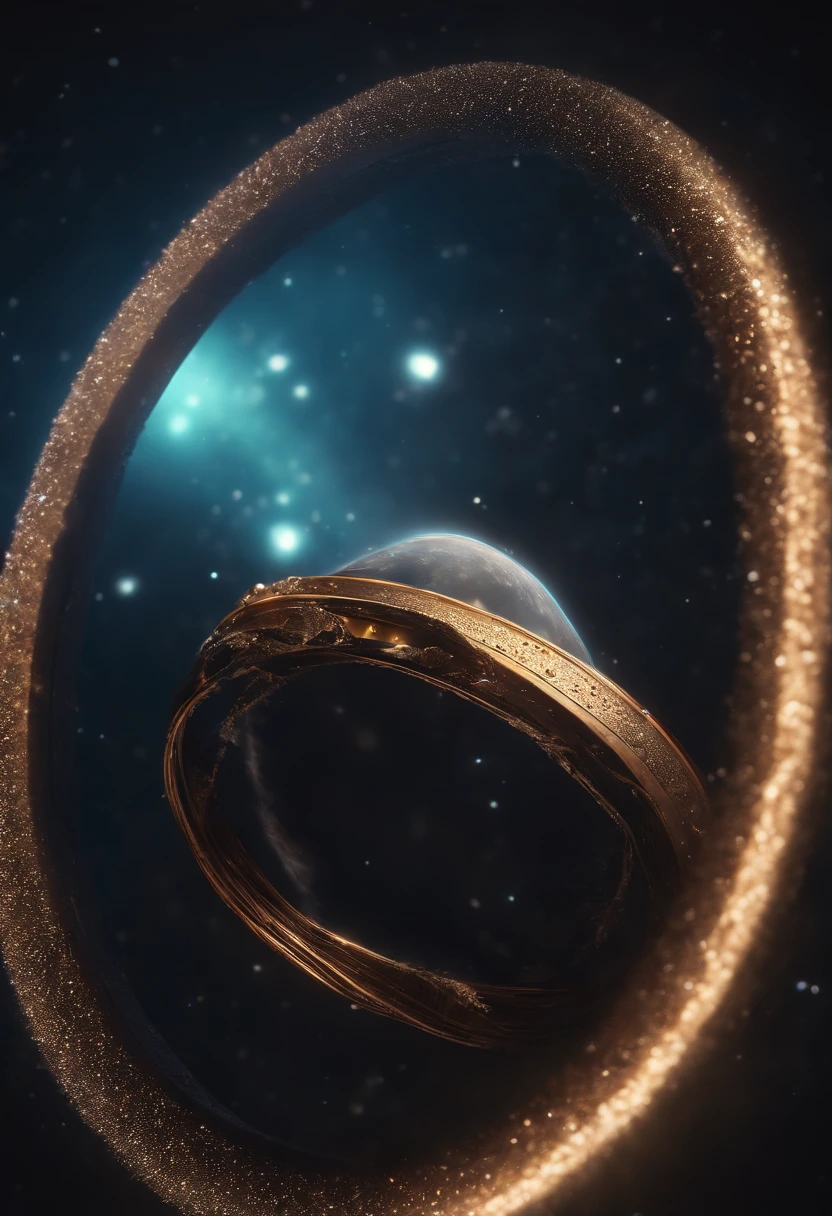 a detailed macro shot of a piece of debris or space dust floating near the neon planet’s rings, highlighting the intricate details and textures of the celestial particles