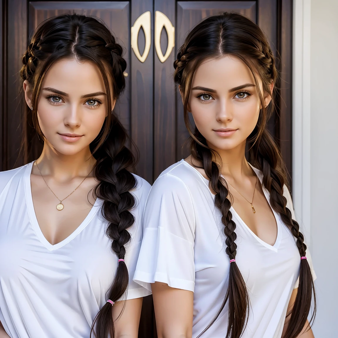 There's are Europeans twins sisters in front of the main door, adult women, back to back, in casual clothes, white top with neckline, one with cute face and braided hair, one with naughty face and long curved hair, big chest, dark hair, long hair, very detailed clothes, detailed skin, perfect hand, detailed face,