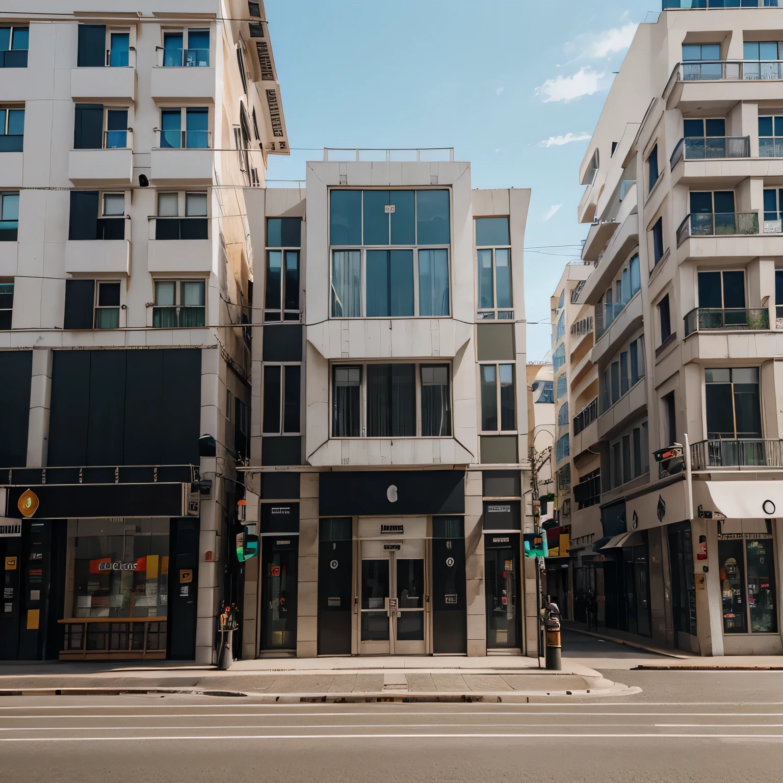 Realistic building facade, bem quadrado, Clearly visible features, flat frame in front of the building,No distortion is made to the image.