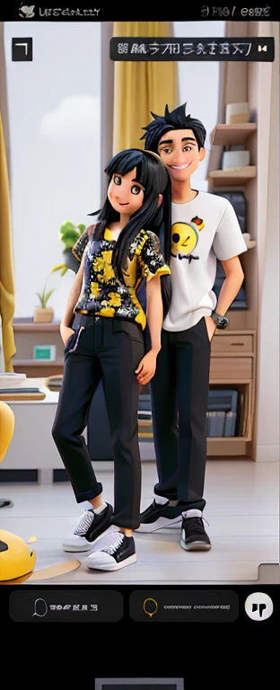 Hugging couple smiling, she in dark pants with a black shirt with a yellow flower, straight black hair and he with a matching shirt and black pants, black hair