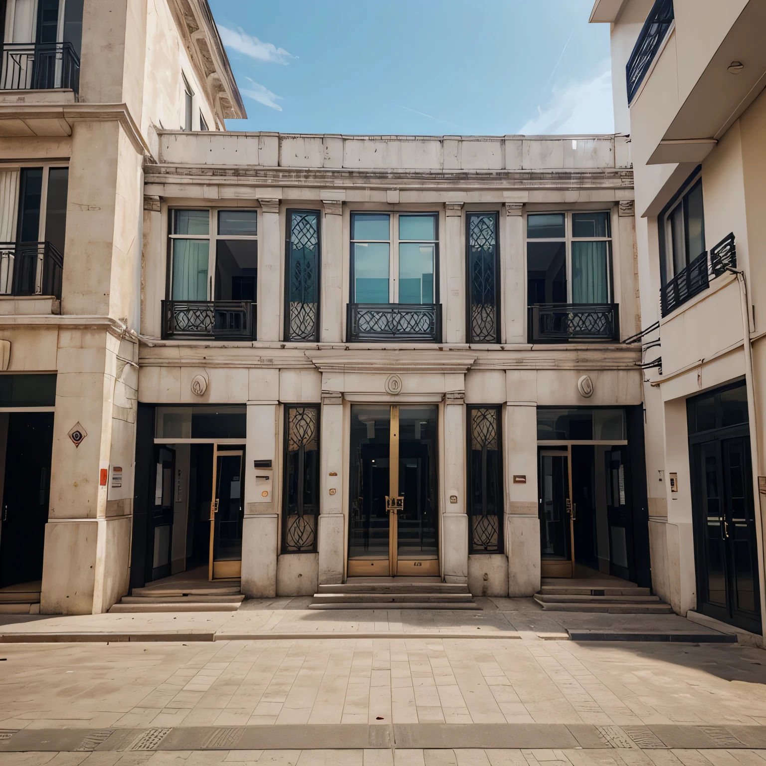 Realistic building facade, bem quadrado, Clearly visible features, flat frame in front of the building,No distortion is made to the image.