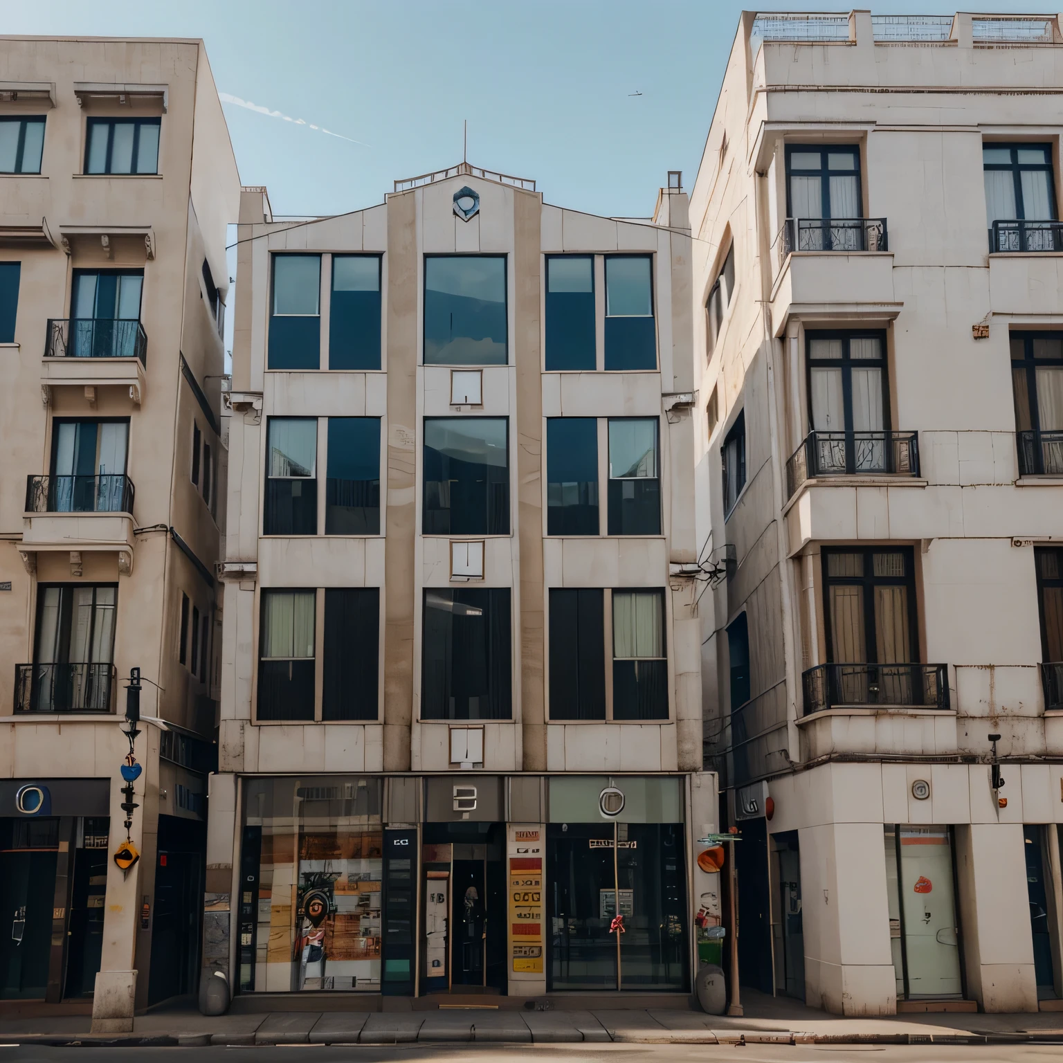Realistic building facade, bem quadrado, Clearly visible features, flat frame in front of the building,No distortion is made to the image.