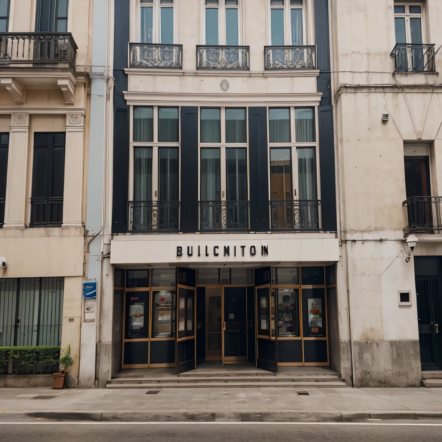 Realistic building facade, bem quadrado, Clearly visible features, flat frame in front of the building,No distortion is made to the image.